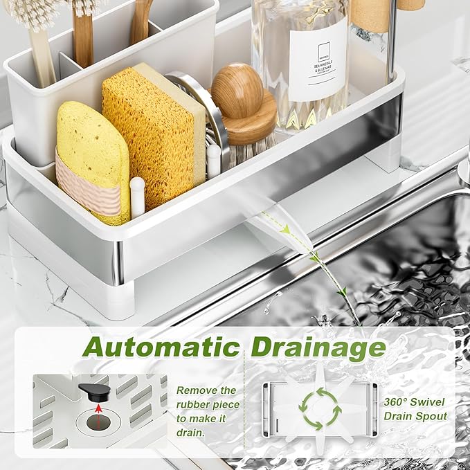 Ewaiira Stainless Steel Sink Caddy, Sponge Holder for Kitchen Sink with Brush Holder & Dishcloth Rack, Rustproof Organizer Countertop, Soap Dispenser Kitchen Organizers Storage Essentials, White 9.8″ - Image 5