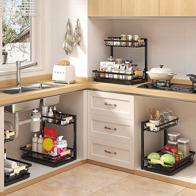 Sevenblue 2 Packs Under Sink Organizer, Height Adjustable 2 Tier Under Kitchen Sink Organizer, Multi-Purpose Storage Shelf for Kitchen Bathroom Cabinet (Black, Extra Large) - Image 6
