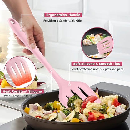 TeamFar Kitchen Cooking Utensils, 10 pcs Silicone Cooking Utensils Set, 446°F Heat Resistant Kitchen Gadgets Tools Set w/Spatula, Turners, Spoons, Soup Ladle, Pasta Server for Nonstick Cookware, Pink - Image 3