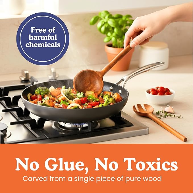 Non-Toxic Cooking Utensils – 6-Piece Kitchen Utensils Set, Glue-Free & One-Piece Wooden Spoons for Cooking, Natural Wooden Utensil Set with Plant-Based Finish, Free of Forever Chemicals - Image 2