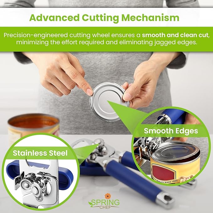 Spring Chef Stainless Steel Can Opener - Manual with Soft Grip Handles, Easy Turn, Heavy Duty Hand Can Openers for Seniors with Smooth Edge - Magnetic Lid Remover - Sapphire - Image 7
