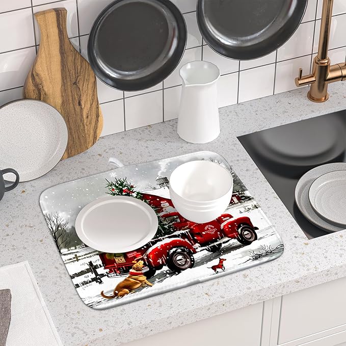Christmas Red Truck Dish Drying Mat for Kitchen Counter 16x18 Inch Xmas Tree Snowman Dog Winter Print Absorbent Reversible Microfiber Drying Mats Kitchen Countertop Protector Dishes Drainer Rack Pad - Image 6