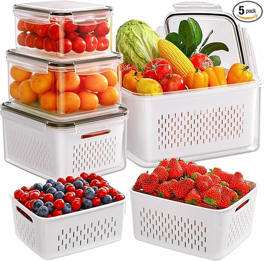 5-Pack Fruit Storage Containers for Fridge with Removable Colanders, 4 in 1 Produce Storage Containers with Lids, Leakproof Fridge Organizer Bins for Salad Berry Lettuce Vegetables Meat Keeper Fresh by HelpYouSaveMoreSpace