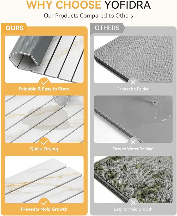 Yofidra Large Stone Dish Drying Mat for Kitchen Counter, Quick Dry Stone Mats with Absorbent Diatomaceous Earth, Foldable Roll Up Drying Organizer Pad for Utensils Plate, 24"×16", White Gold Marble - Image 6