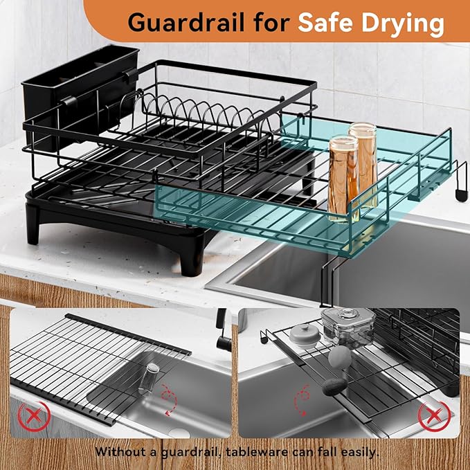 Laveshop Dish Drying Rack - Expandable Rack, Large Capacity Dish Drainer for Kitchen Counter, Rust-Proof with Utensil Holder, Black - Image 4