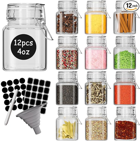 DHSBTLS 4 oz Mini Square Spice Jars, 12 Pack Glass Mason Jars with Airtight Hinged Lid, Leak Proof Storage Container for Spices, Honey, Food Bottles with Silicone Funnel and 40 Labels &Chalkboard Pen