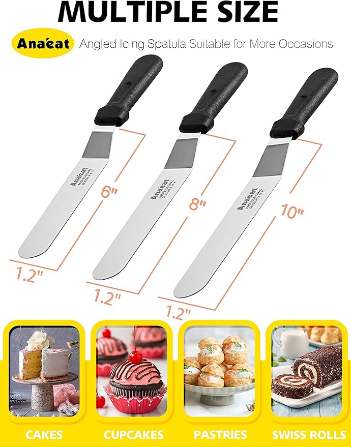 Anaeat Icing Spatulas, Set of 3 Professional Cake Angled Offset Spatula with 6", 8", 10" Stainless Steel Blades - Thickened Frosting Knife with Plastic Handle for Cake Decorating, Pastry & Baking - Image 6