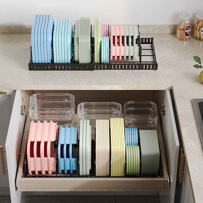 Expandable Food Container Lid Organizer,Large Capacity Adjustable 8 Dividers Detachable Lid Organizer Rack for Cabinets, Cupboards, Pantry Shelves, Drawers Keep Kitchen Tidy,Black 10.2”wide,3.6 Pound. - Image 2