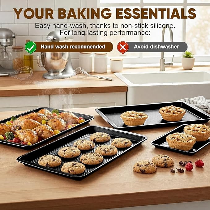 Sakerplus Nonstick Baking Sheet Pan Set of 3, Heavy Duty Cookie Sheets for Oven with Stripe Texture Pattern, 0.6mm Thick Quarter/Half/Jelly Roll Pans, Rust-Resistant & Easy Clean (Black) - Image 2