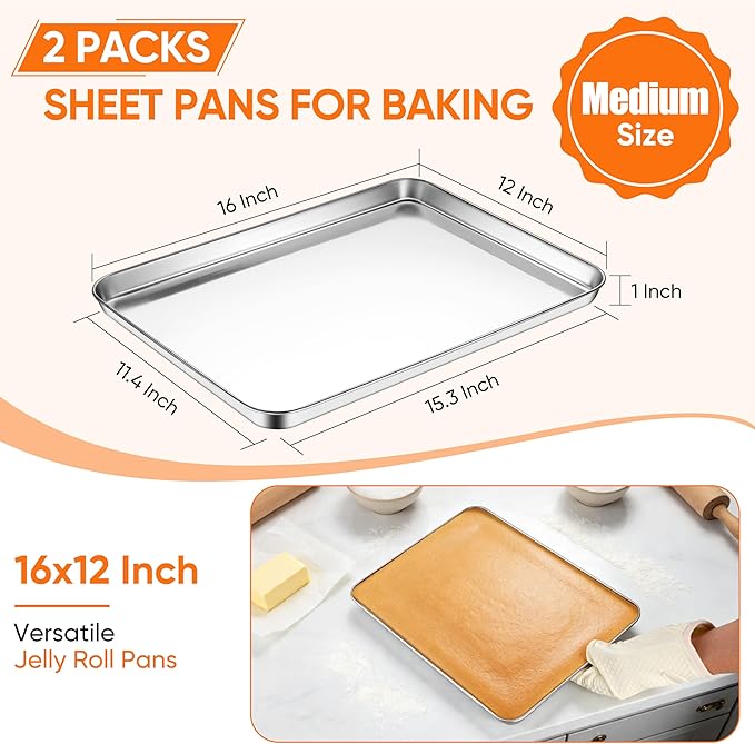 LIANYU 2 Pack Cookie Sheets for Baking, Stainless Steel Baking Tray Pan, 16x12 Inch Jelly Roll Pan for Oven, Healthy Metal Tray for Home Bakery Hotel Restaurant, Heavy Duty & Dishwasher Safe - Image 2