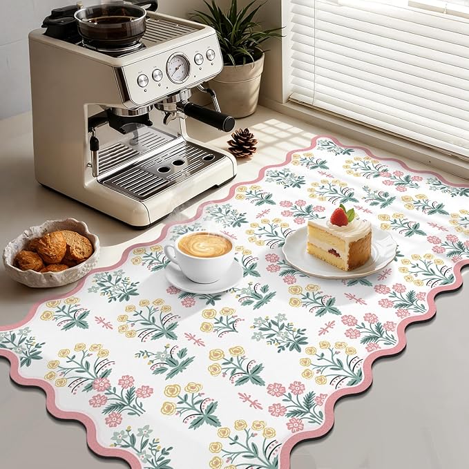 LOKHOM Scalloped Floral Dish Drying Mat, 17"x32" Super Absorbent Coffee Mat with Unique Pink Pastoral Floral, Cuttable Hide Stain Non-slip Drying Mat for Kitchen Counter Coffee Maker Espresso Machine - Image 4