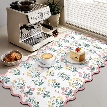 LOKHOM Scalloped Floral Dish Drying Mat, 17"x32" Super Absorbent Coffee Mat with Unique Pink Pastoral Floral, Cuttable Hide Stain Non-slip Drying Mat for Kitchen Counter Coffee Maker Espresso Machine - Image 4