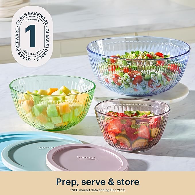Pyrex Colors (3-Pack, Full Set) Sculpted Tinted Glass Mixing Bowls With Plastic Lids, Nesting Space Saving Set of Bowls For Prepping and Baking, 1.3QT, 2.3QT & 4.5Q, (Pink, Green, Blue) - Image 3