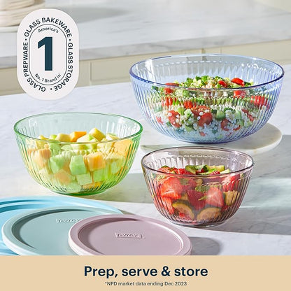 Pyrex Colors (3-Pack, Full Set) Sculpted Tinted Glass Mixing Bowls With Plastic Lids, Nesting Space Saving Set of Bowls For Prepping and Baking, 1.3QT, 2.3QT & 4.5Q, (Pink, Green, Blue) - Image 3