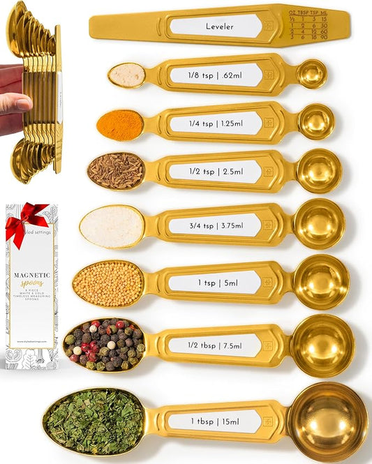 White and Gold Measuring Spoons with Leveler - Featuring 8PC Upgraded Style, Dual-Sided, Stackable, Stainless Magnetic Measuring Spoons Set - Fits in Spice Jars, White and Gold Kitchen Accessories by STYLEDSETTINGS