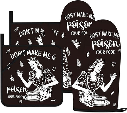 Funny Oven Mitts and Pot Holders Sets Black Kitchen Accessories Cute Kitchen Decor Funny House Warming Gifts Heat Resistant Cooking Baking Gifts for Women (Black, Oven Mitts & Pot Holders)
