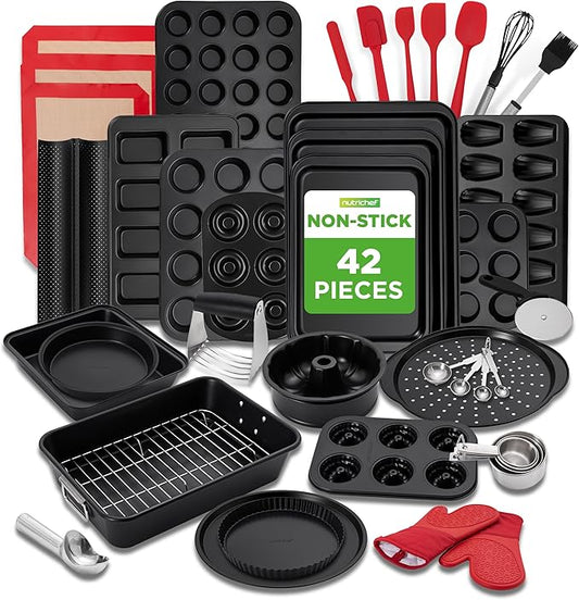 NutriChef 42-Piece Ultimate Nonstick Bakeware Set - Carbon Steel Baking Pans, Everyday Baking Tools, Oven Mitts, & More - Ideal for Baking Delicious Savory & Sweet Treats - Complete Set for Bakers by NutriChef%E2%84%A2Kitchen