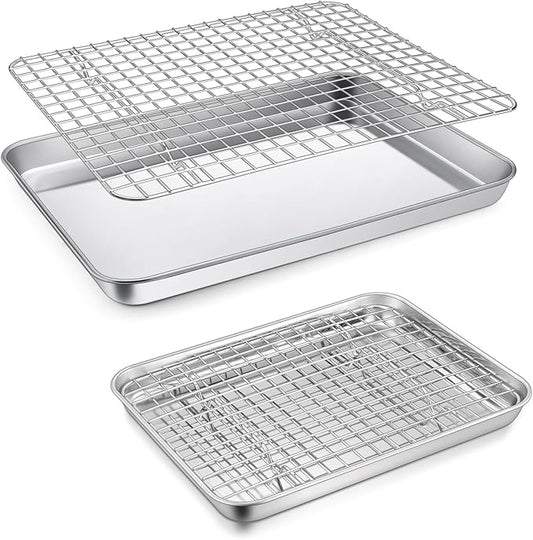 P&P CHEF 12.5 + 9 Inch Toaster Oven Pan with Rack Set, Stainless Steel Baking Pan Tray and Grid Cooling Rack for Cooking/Roasting, Dishwasher Safe & Easy to Clean, Non-toxic & Sturdy, (4Pcs)