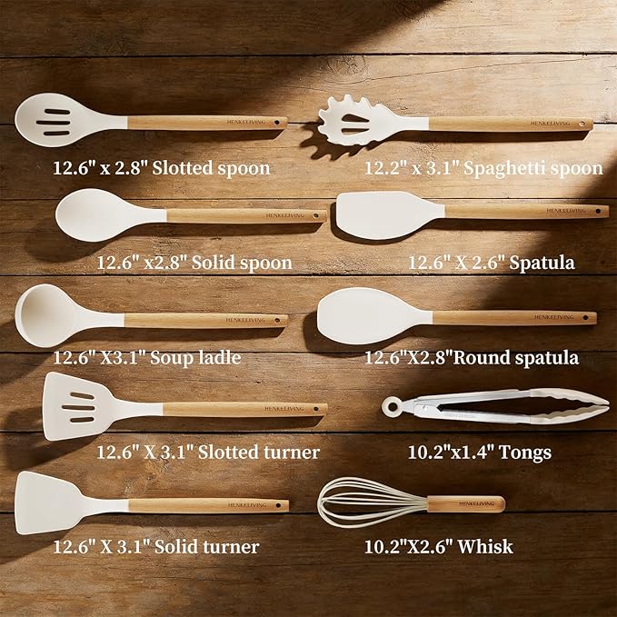 Silicone 10 Pcs Kitchen Cooking Utensils Set, Recycled Materials Certification, BPA Free Spatula Set with Heat Resistant Wood Handles for Nonstick Cookware, Cream White - Image 2