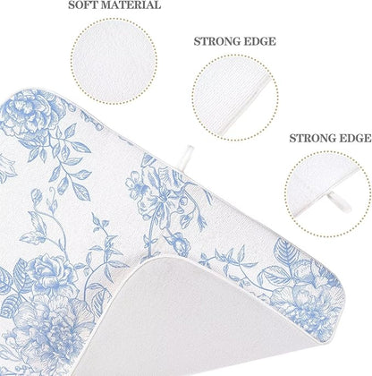Baby Blue Chinoiserie Floral Dish Drying Mat 18 x 24 inch Vintage Flower Decorative Drying Mats Microfiber Absorbent Dish Washable Draining Mat for Kitchen Counter Decor