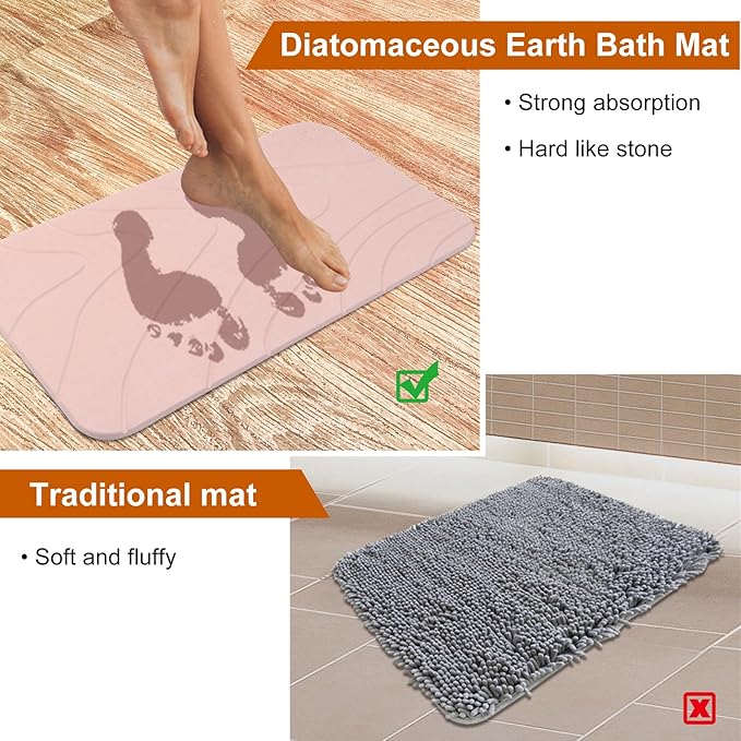 2 Pack Diatomaceous Earth Shower Mat, Stone Bath Mat, Nonslip Super Absorbent Fast-Drying Hard Bath Mat for Bathroom Shower Floor, 23.62 x 15.35 inch, Pink