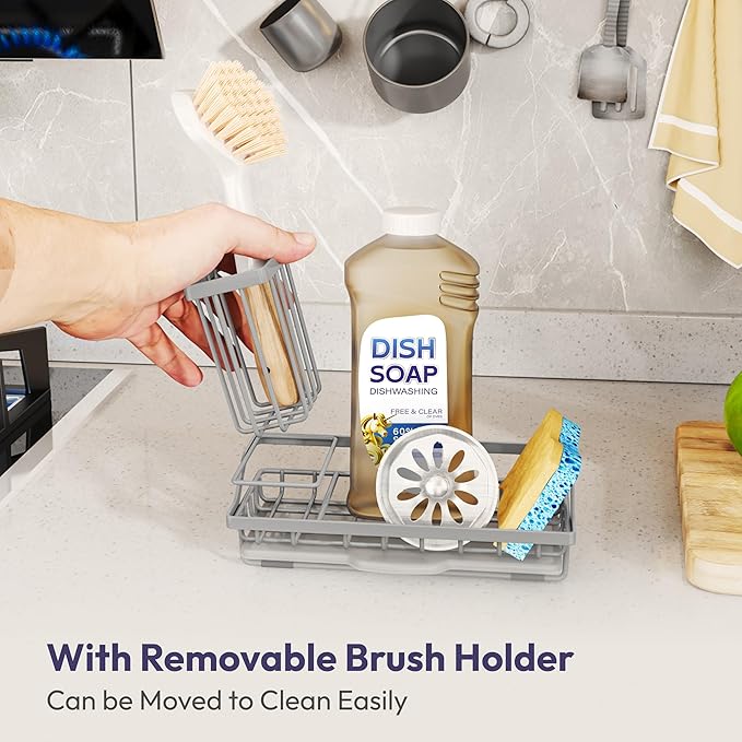 SWTYMIKI Sink Caddy Sponge Holder - Kitchen Sink Organizer with High Brush Holder for Countertop to Hold Dish Soaps and Sponges, Stainless Steel, Gray - Image 3