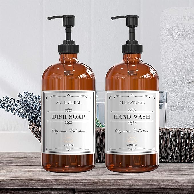Sunrise Premium, 16 OZ Thick Amber Glass Soap Dispenser with Pump 2 Pack, Hand and Dish Soap Dispenser Set for Bathroom with 6 Waterproof Labels - Image 7