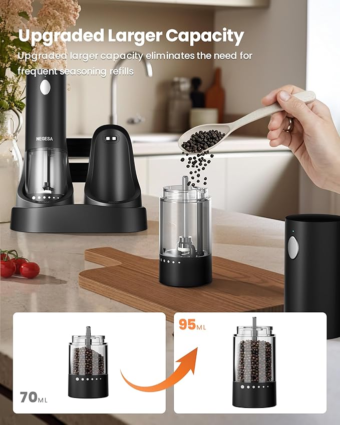 Electric Salt and Pepper Grinder Set with Rechargeable Base - Automatic Refillable Electric Salt and Pepper Shakers with Large Capacity, LED Light & Adjustable Coarseness, Black - Image 7