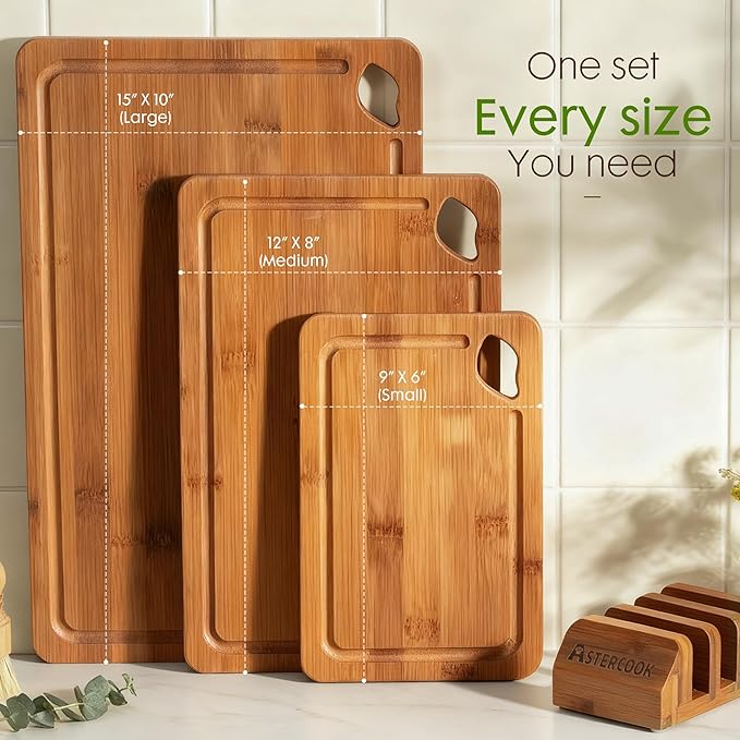Astercook Deep-Carbonized Bamboo Cutting Boards for Kitchen with Wood Storage Stand, Reversible Charcuterie & Chopping Boards with Juice Grooves and Easy-Grip Handles, Mothers Day Gifts - Image 8