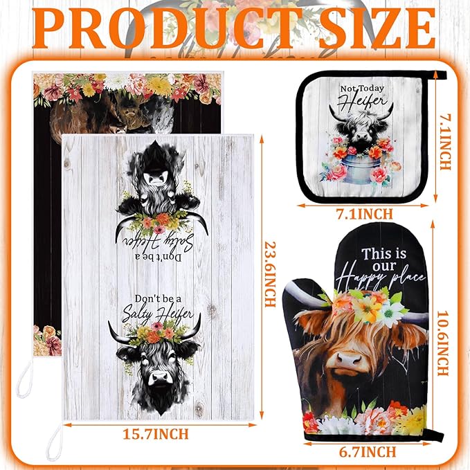 Bencailor 6 Pcs Cattle Kitchen Towels Oven Mitts and Pot Holders Set Decorative Dish Towels Tea Washcloth Non Slip Heat Resistant Oven Gloves for Summer Home Cooking Baking, Retro Color - Image 3