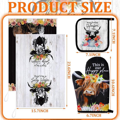 Bencailor 6 Pcs Cattle Kitchen Towels Oven Mitts and Pot Holders Set Decorative Dish Towels Tea Washcloth Non Slip Heat Resistant Oven Gloves for Summer Home Cooking Baking, Retro Color - Image 3