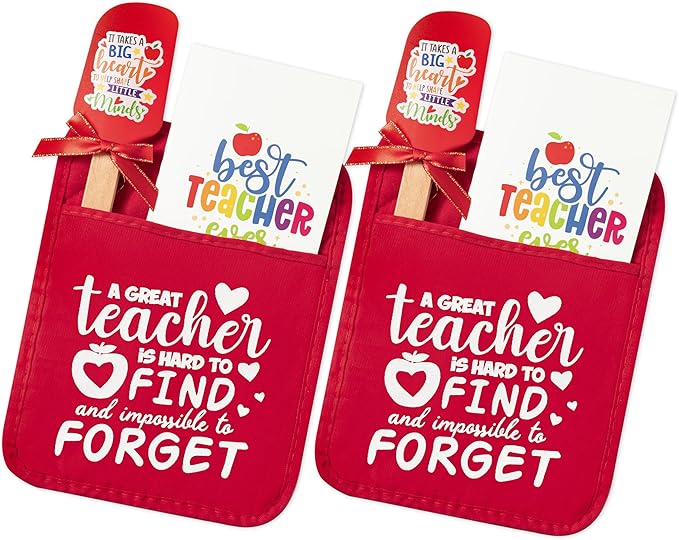 R HORSE Teacher Appreciation Gifts - 2 Pack Red Funny Pot Holder Set, Heat Resistant Oven Mitt with Silicone Spatula & Greeting Card, Unique Gift for Teacher Appreciation Week Thank You Present