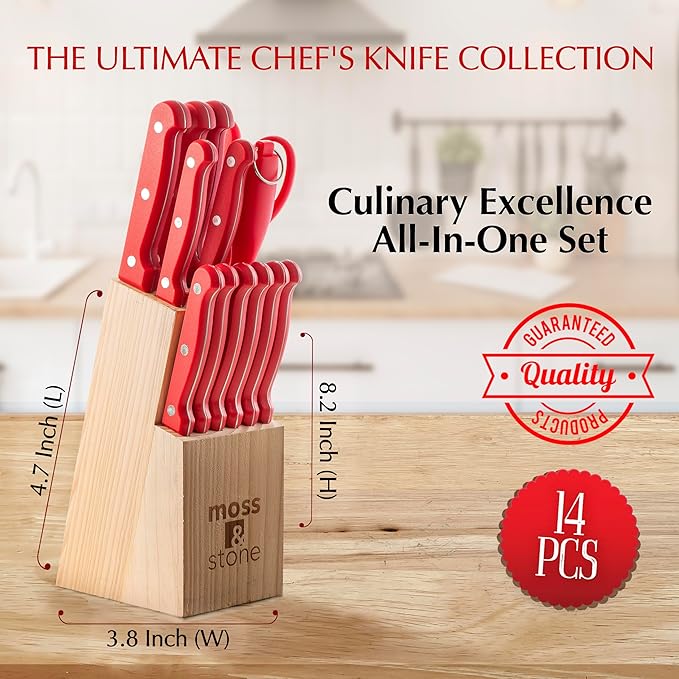 Moss & Stone 14 Pcs Knife Block Set Stainless Steel, Premium Forged Kitchen Knives Set with High-Carbon Blades, Ergonomic Handle, Sharp Blade, Rust Resistant, Modern Style for Home & Chef, Red - Image 5