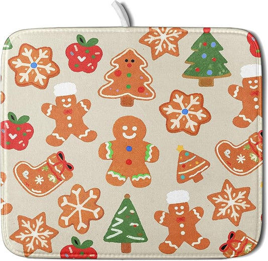 Christmas Dish Drying Mat for Kitchen Counter 16x18 Cute Gingerbread Themed Winter Xmas Holiday Absorbent Reversible Microfiber Drying Mats Kitchen Countertop Protector Dishes Drainer Rack Pad by Aytipun