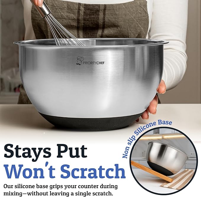 Priority Chef Stainless Steel Mixing Bowls with Lids Set, Metal Nesting Bowls with Airtight Lids, Graters, Non-Slip Base & Measurement Marks, Includes Utensil Set for Prep, Baking & Storage, Black - Image 6
