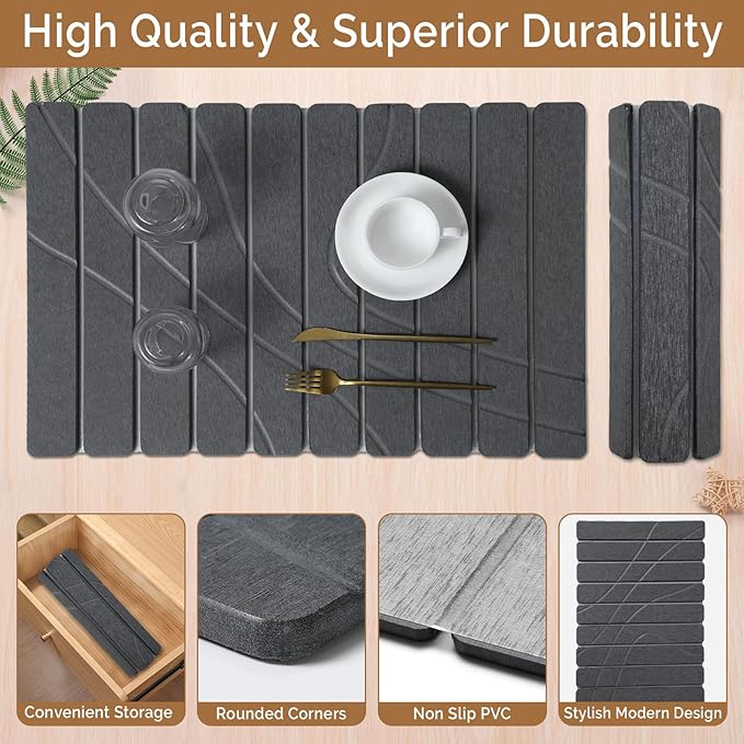 Large Stone Dish Drying Mat for Kitchen Counter,2 PCS Quick Dry Stone Mats,Foldable Water Absorbing Diatomaceous Drying Pad for Countertop Bottles Utensils Cups (Flow Line Dark Gray 24"x16" & 8"x4") - Image 4