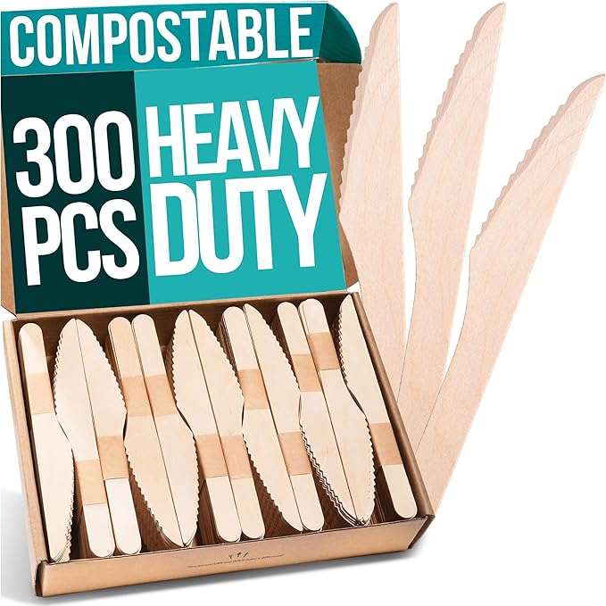 Disposable Wooden Knives - 300pcs - Heavy Duty & Extra Sharpened - Our Guilt-Free FSC Certified Wood Protects Forests - A Great Alternative to Bamboo Knives by EarthClusive