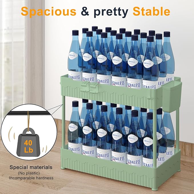 Sevenblue 2 Pack Under Sink Organizer, Under Bathroom Cabinet Organizer with Hooks Hanging Cup, Multi-Purpose Storage Shelf for Kitchen Bathroom (Green, 14.8 Inch) - Image 3