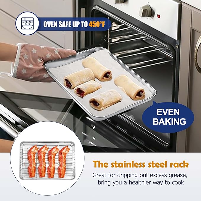 10.4 Inch Baking Sheet Pan with Rack Set, Joyfair Stainless Steel Toaster Oven Pans Tray & Cooling Racks for Cookie/Jelly Roll/Bacon/Meat, Commercial Metal & Rust-free, Dishwasher Safe - Image 5