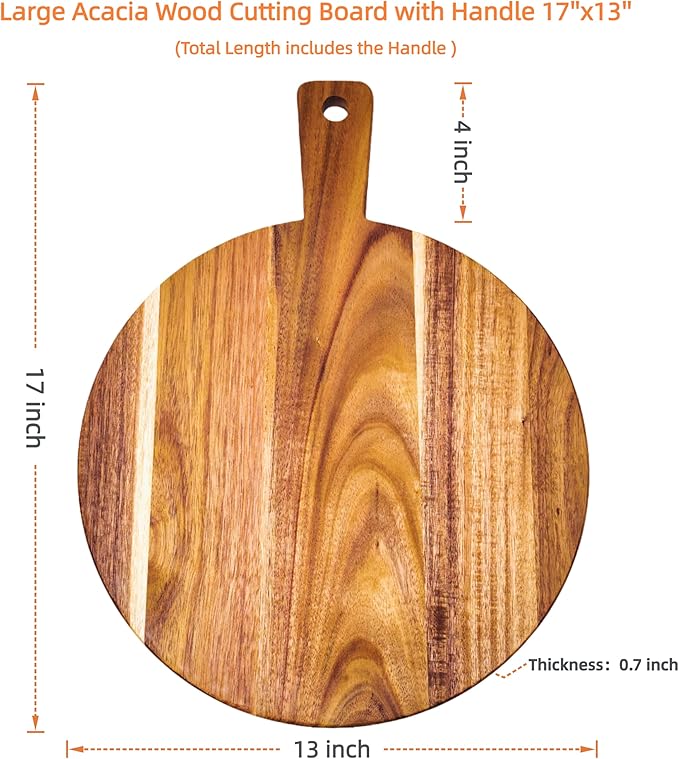 Large Acacia Wood Cutting Board with Handle 17''X13'', Charcuterie Board, Serving Board, Chopping Board for Meat, Cheese, Bread, Vegetables & Fruits (Round) - Image 6