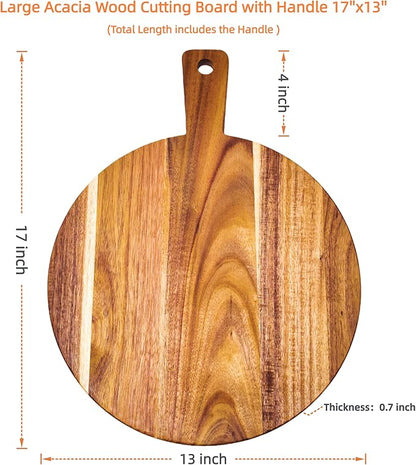 Large Acacia Wood Cutting Board with Handle 17''X13'', Charcuterie Board, Serving Board, Chopping Board for Meat, Cheese, Bread, Vegetables & Fruits (Round) - Image 6