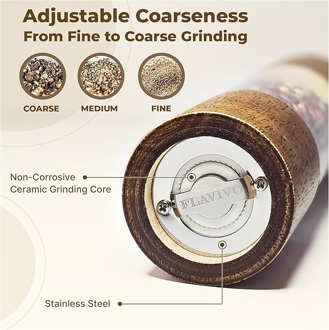 Wooden Salt and Pepper Grinder Set, Manual Premium Acrylic Salt and pepper Mills with Adjustable Ceramic Core and Wooden Stand, 8-Inch Refillable Giftable Shakers (2 Pieces with Tray) - Image 4