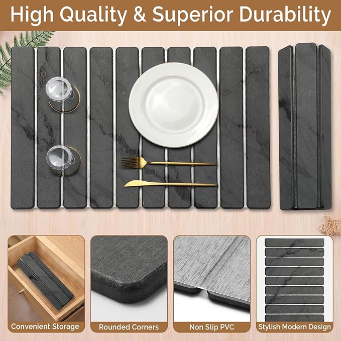 Large Stone Dish Drying Mat for Kitchen Counter, Quick Dry Stone Dishes Mats,Foldable Water Absorbing Diatomaceous Earth Drying Organizer Pad for Plate Rack Bottles Utensils(Dark Gray 24"×16" & 8"x4") - Image 4