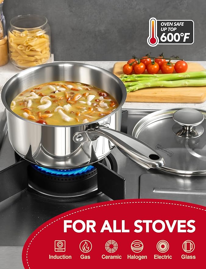 MICHELANGELO Stainless Steel Sauce Pan Set - 1, 2, 3 Qt Saucepans with Lids, Small Stainless Steel Pots for Cooking, Induction Compatible, Dishwasher & Oven Safe - Image 3