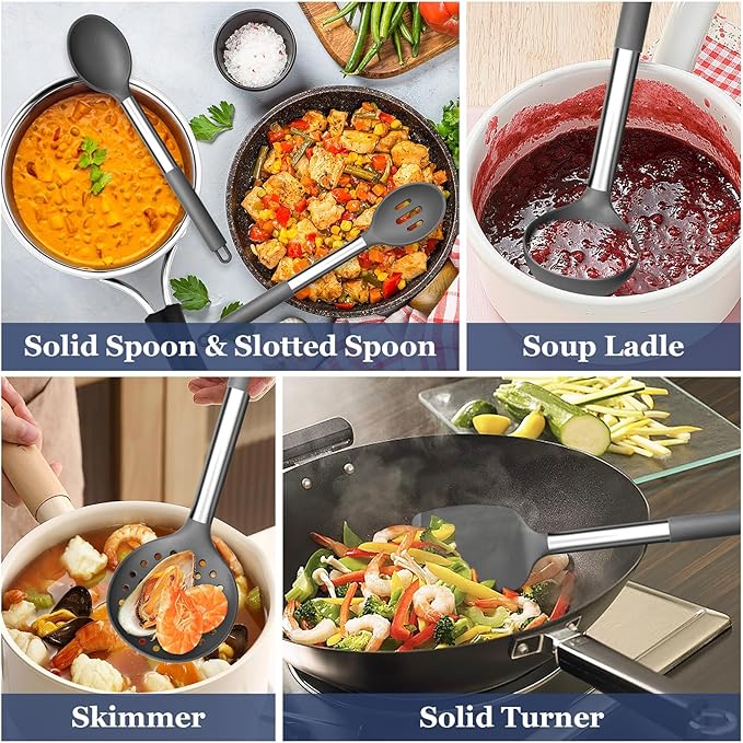 TeamFar Kitchen Utensils, 8PCS Silicone Utensils Kitchen Tools Set with Stainless Steel Handle, for Nonstick Cookware Frying Flipping Draining, Healthy & Anti-heat, Nonstick & Dishwasher Safe - Gray - Image 5