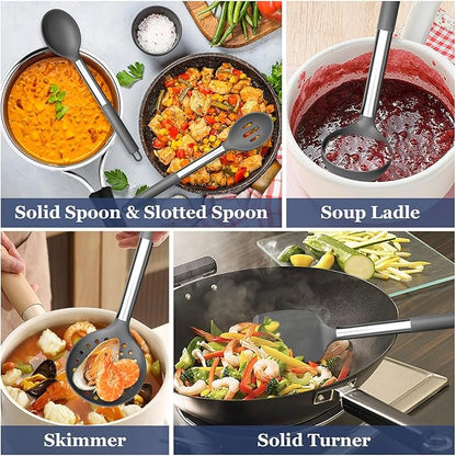 TeamFar Kitchen Utensils, 8PCS Silicone Utensils Kitchen Tools Set with Stainless Steel Handle, for Nonstick Cookware Frying Flipping Draining, Healthy & Anti-heat, Nonstick & Dishwasher Safe - Gray - Image 5