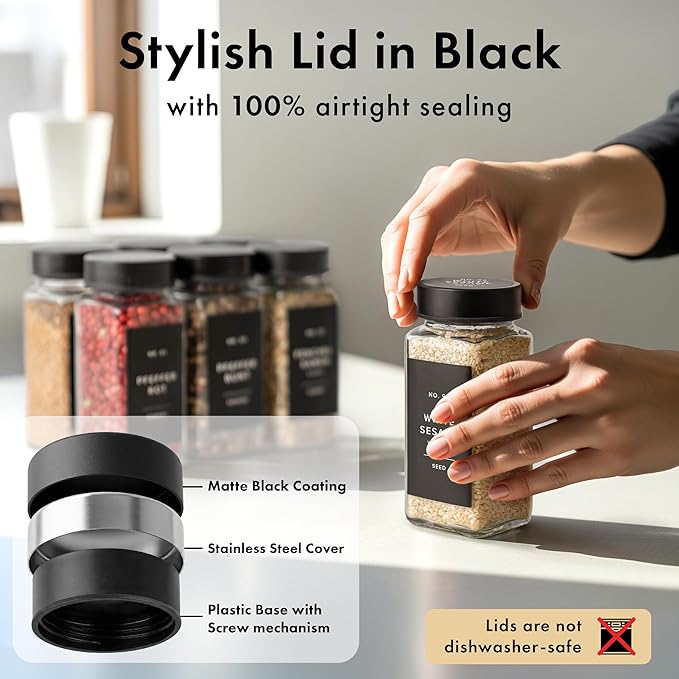 EDELHAUS Glass Spice Jars with Label and Black Lids (24 x 4oz) Spice Containers with 240 Labels, Shaker Inserts, Steel Funnel, Empty Square Empty Square Seasoning Organizer - Image 6