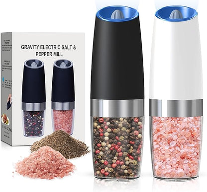 Battery Operated Salt And Pepper Grinder Set with LED Light, Automatic Electric Gravity Salt And Pepper Shakers Set, Each 6 AAA Batteries Needed, Adjustable Roughness, 2 Pack (Black+White) by Unknown