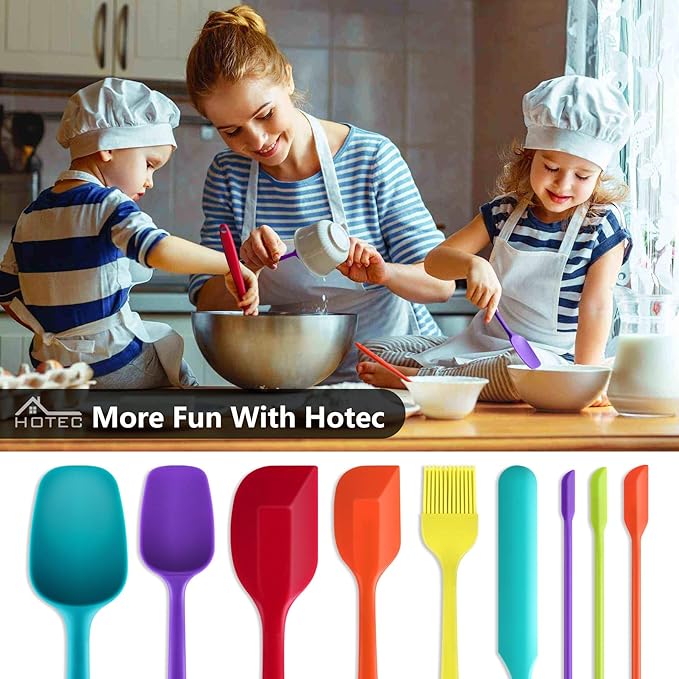 HOTEC BPA Free Heat Resistant Silicone Spatula Set Kitchen Utensils for Baking Cooking Mixing Non Stick Cookware Food Grade Dishwasher Safe (Multi-Color) Set of 9 - Image 7