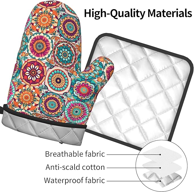 Boho Oven Mitts and Pot Holders - Mexican Flower Kitchen Mitt Sets of 2 Bohemian Oven Gloves Hot Pads for Cooking Baking Grilling - Image 4